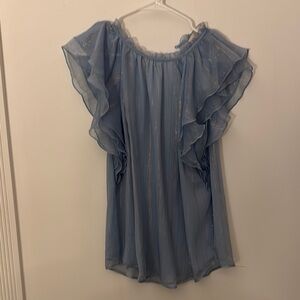 LOFT Blue Flutter Sleeve Ruffled Blouse